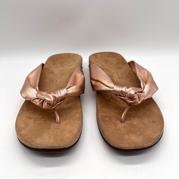 VIONIC Pippa Toe Post Sandal Womens 10 Rose Gold Leather Knotted Flip Flop Thong - Picture 2 of 14